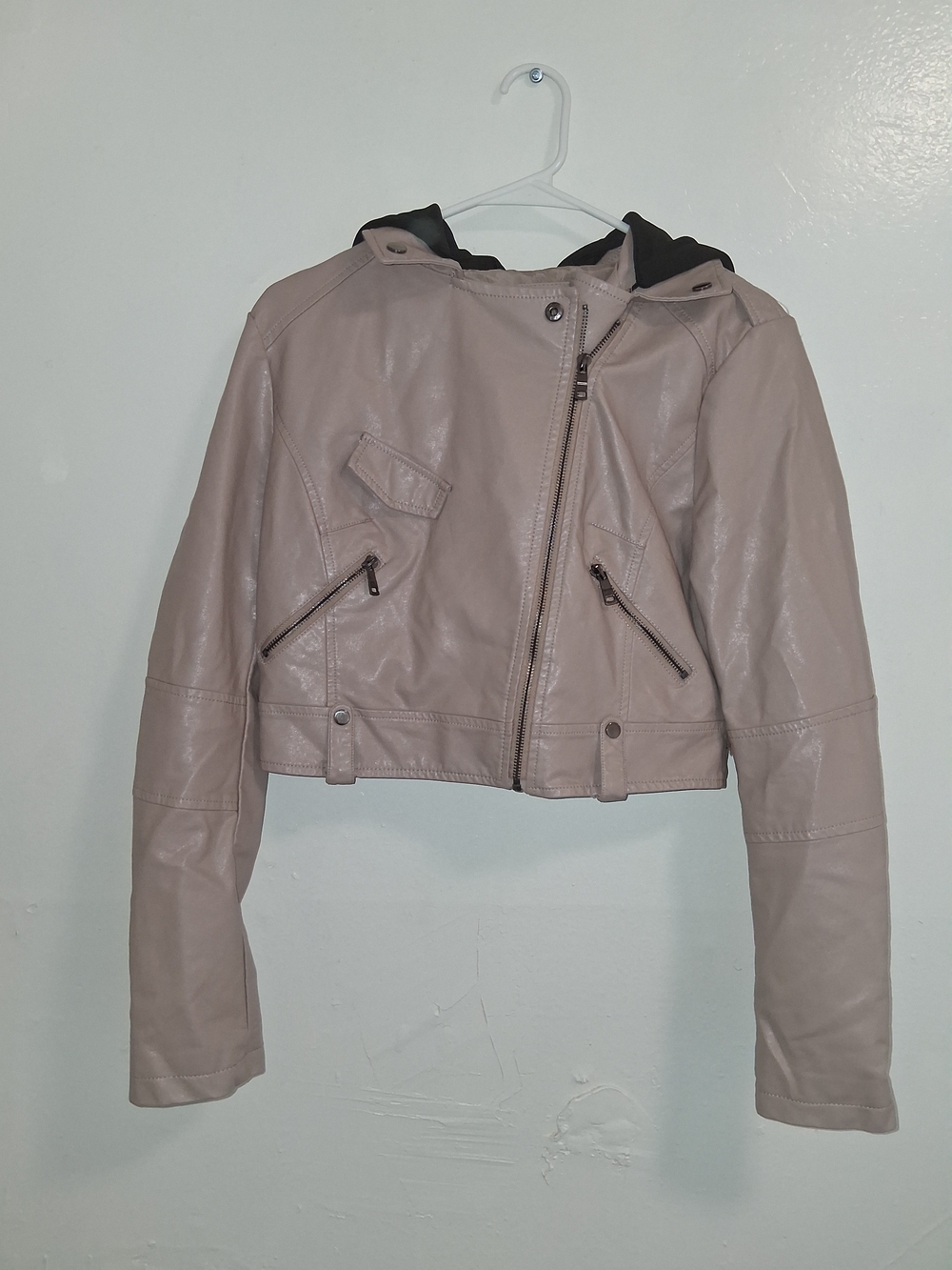 Women's Taupe Faux Leather Cropped Zip Hoodie Jacket"Blush Pink",